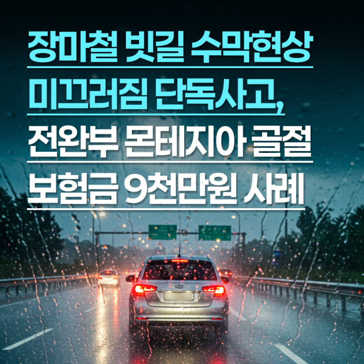 장마철 빗길 수막현상 미끄러짐 단독사고 몬테지아 골절, 보험금 9천만원 우수사례