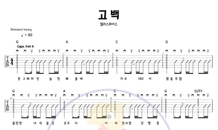  고백 – 델리스파이스 (Delispice)｜기타 코드 & 타브(tab) 악보｜초보 입문자 추천곡
