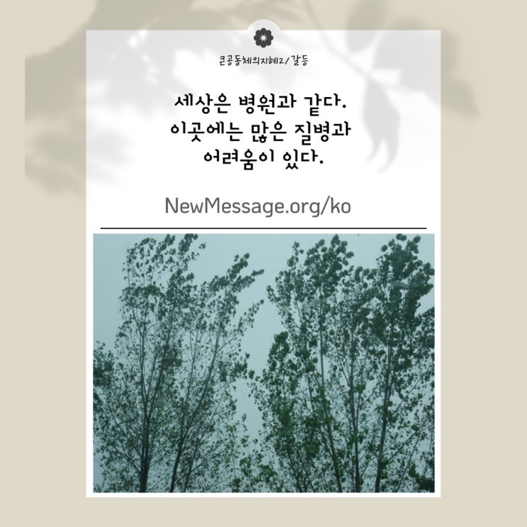 세상은 병원과 같다. 이곳에는 많은 질병과 어려움이 있다. 세상은 병원과 같다. 이곳에는 많은 질병과 어려움이 있다.