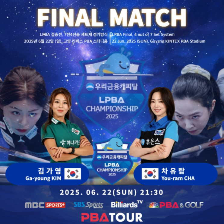  김가영-차유람 결승전 첫 맞대결!! 2025 LPBA 우리금융캐피탈에서 만난다!!(김가영 7연속 우승 8연속 우승 도전, 차유람 결승진출, 상대전적 5전전승 김가영 우세)
