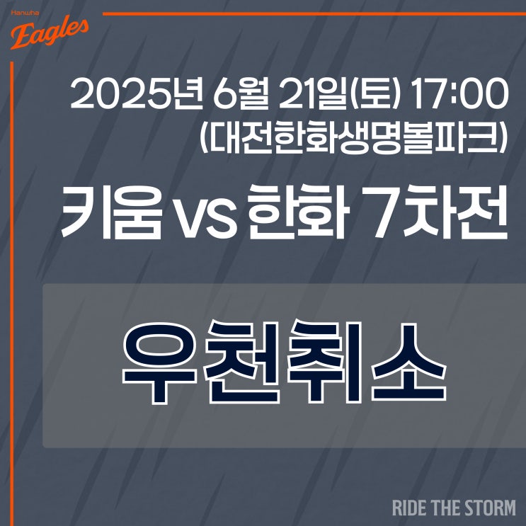 6월 21일(토) <b>키움</b>vs<b>한화</b>(7차전)/<b>우천취소</b>/42승 29패(1위)... 