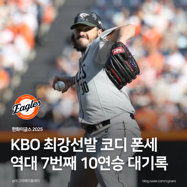 KBO 최강 선발투수 코디 <b>폰세</b> 역대 7번째 개막후 10<b>연승</b> 무패... 