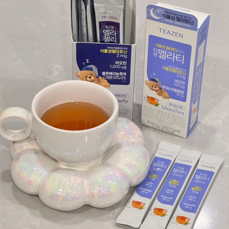  티젠멜라티, 티젠멜라젤리로 개운한 아침!|식물성 멜라토닌, 비오틴, 맥주효모 분말이 함유된 티젠의 자기 전 기분 좋은 마무리|간편하고 맛있는 멜라젤리, 따뜻하고 편안해지는 멜라티