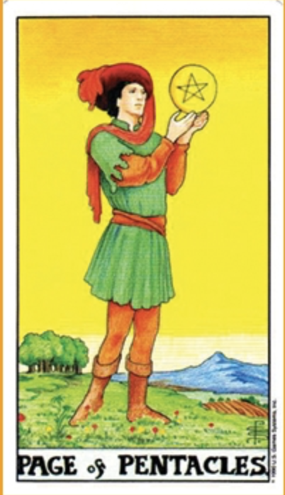 타로 카드 78장 리뷰, 16th 궁정 카드. 펜타클의 시종( PAGE OF PENTACLES )