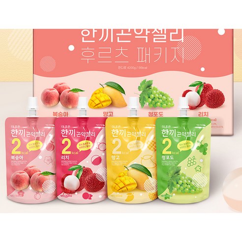  다이어트 성공템! 더존건강 곤약젤리 4종(복숭아맛,망고맛,청포도맛,리치맛) 28개 후르츠패키지– 가볍고 든든한 한끼 간편식·아침 식사대용 으로 강추