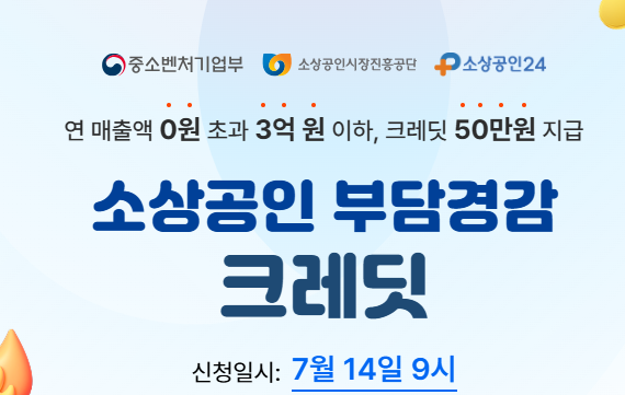  소상공인 50만원지원 부담경감크레딧  7월 14일 신청시작