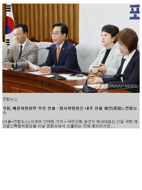 국힘, 결<b>위원장</b>만 우선 <b>선출</b>…<b>법사위원장</b>은 내주 <b>선출</b> 제안(종합)