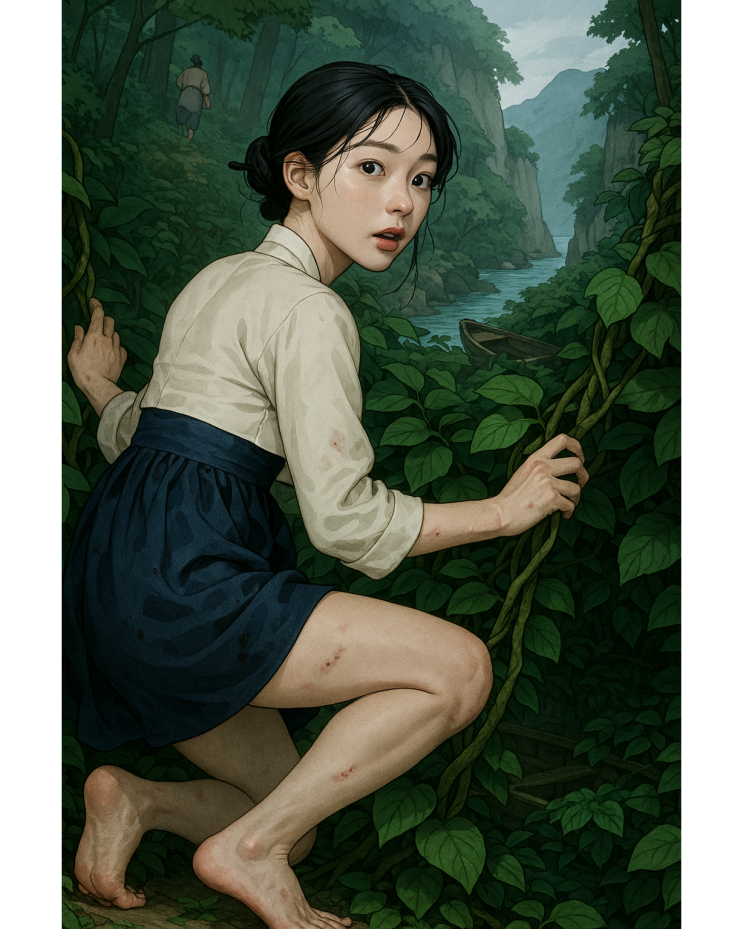  비밀의 계곡을 건너는 소녀 일러스트