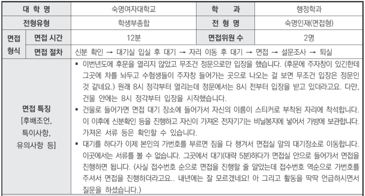  수원입시컨설팅CMA 2024학년도 숙명여자대학교 행정학과 학생부종합 숙명인재(면접형)전형 면접 기출 문제