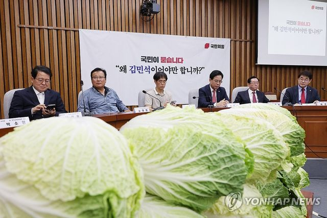  '포기배추' 쌓아놓고 "김민석 사퇴"…국힘 '국민청문회' 압박(종합)