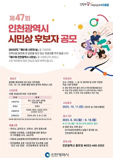 인천시 ‘제47회 인천광역시 시민상’ 영광의 주인공 찾는다