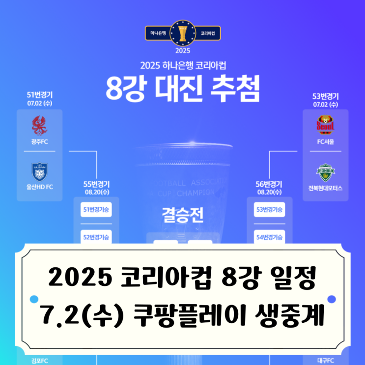 8강 <b>경기</b>일정 / 서울vs전북, 광주vs<b>울산</b>, <b>대구</b>vs강원... 