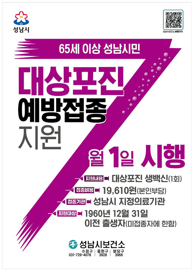  [공유] [2025성남시] 여름철 대상포진 주의보! 7월1일부터 65세 이상 모든 시민 대상포진 예방접종 전면 지원 확대