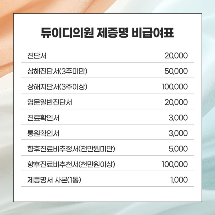  듀이디의원, 제증명 비급여표
