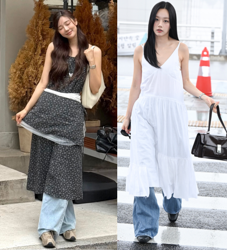 나시 원피스 청바지 레이어드 룩 | 혜리, 로우타이드 & 이시안, 온앤온