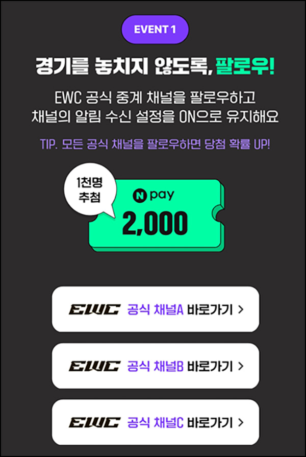 치지직 x EWC 팔로우 이벤트(네페 2천원 1,000명)추첨~07.08 치지직 x EWC 팔로우 이벤트(네페 2천원 1,000명)추첨~07.08