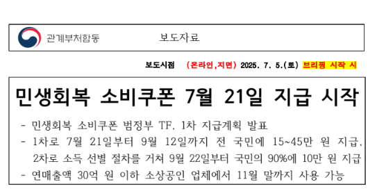  민생회복소비쿠폰 신청방법 확정 7월 21일 신청시작