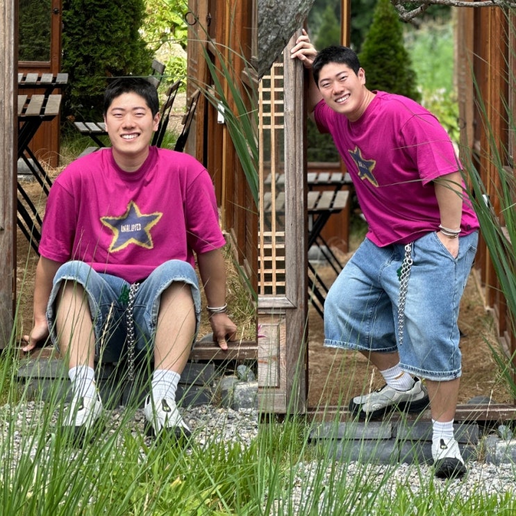  보라색 티셔츠 코디 어널로이드 반팔티 포인트굿
