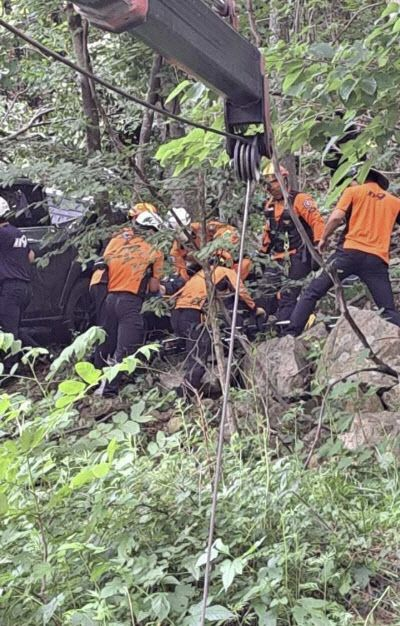  양양 국도서 승용차 '낭떠러지 추락'…나무에 걸려 구사일생