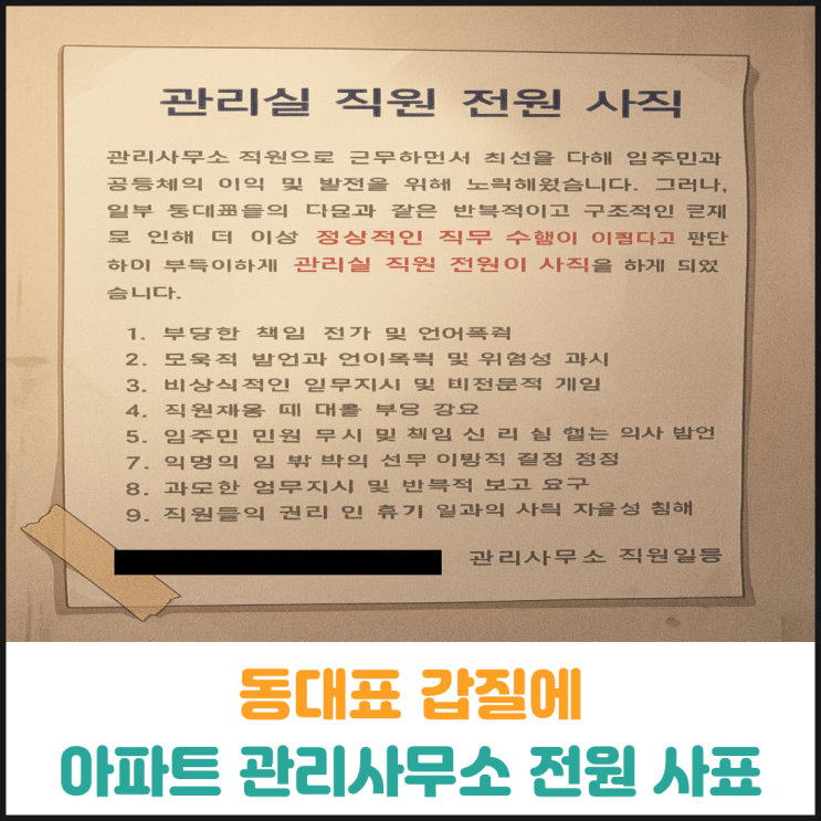  동대표 갑질에 전원 사직서 낸 아파트 관리사무소 직원들