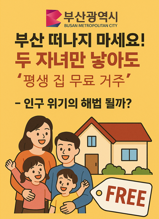  [공유] [부산시] “부산 떠나지 마세요! 두 자녀만 낳아도 ‘평생 집 무료 거주’ – 인구 위기의 해법 될까?”