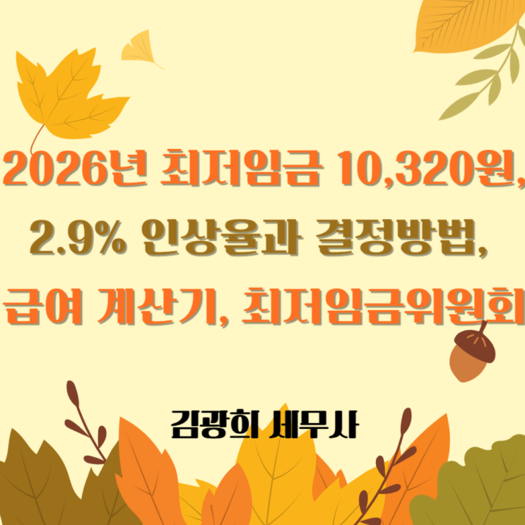 2026년 최저임금 10,320원, 2.9% 인상율과 결정방법, 급여 계산기, 최저임금위원회