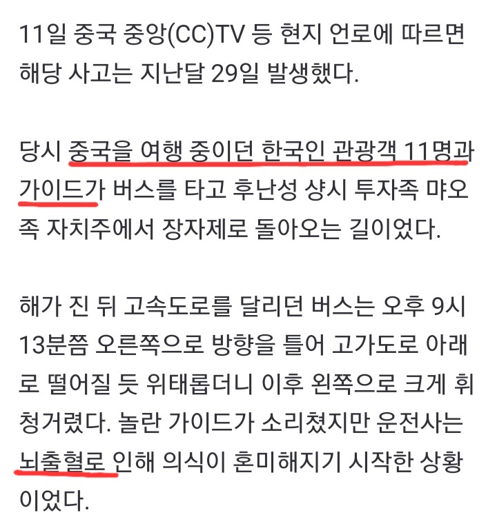 中, 韓 관광객  11명 태운 <b>버스 기사</b>(41세) 고가도로서 <b>뇌출혈</b>..... 