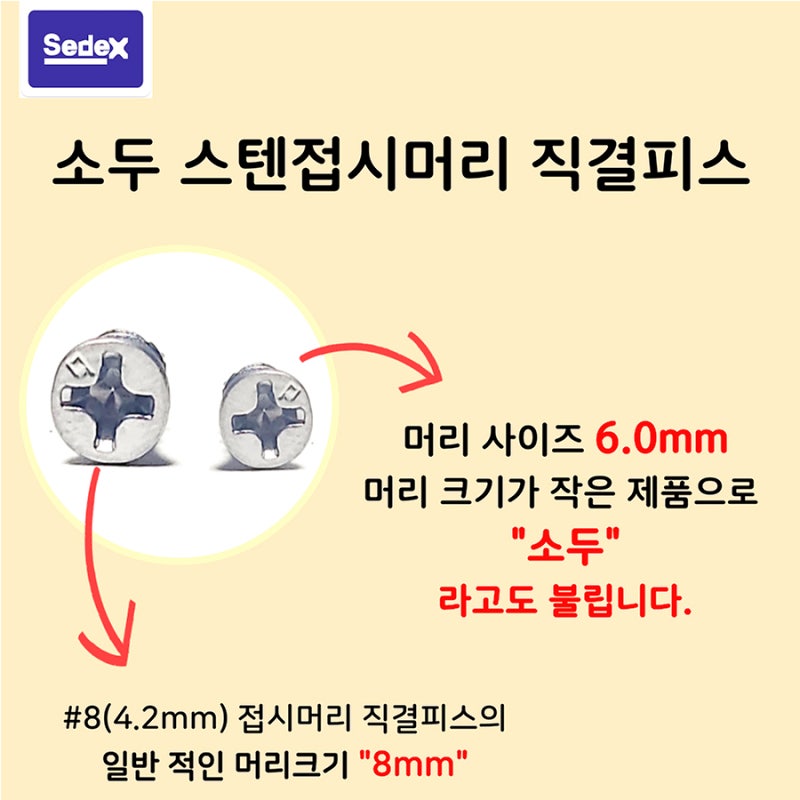 스텐직결피스 소두 서스 접시 나사(머리6mm) 규격