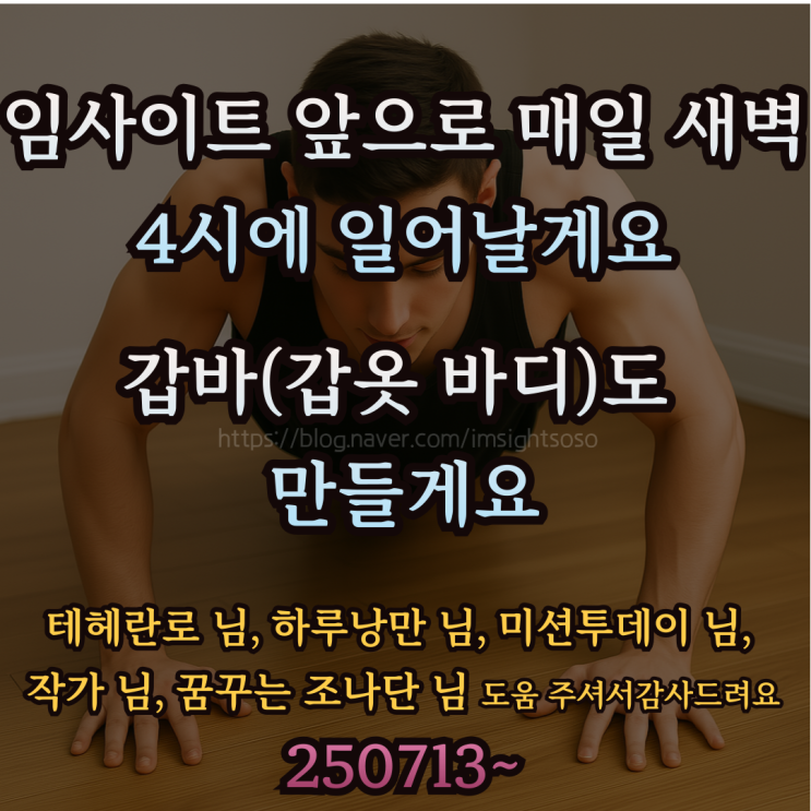 임사이트,앞으로 매일 새벽 4시에 일어날게요. 갑바(갑옷 바디)도 만들게요:도움 주신 테헤란로 님, 하루낭만 님, 미션투데이 님, 작가 님, 꿈꾸는 조나단 님 감사드려요250713