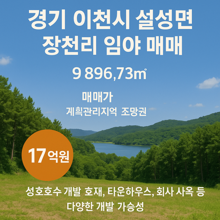   이천시 설성면 장천리, 파노라마 호수 조망권 임야 투자 기회! (매매가 17억원) -2차선도로접"