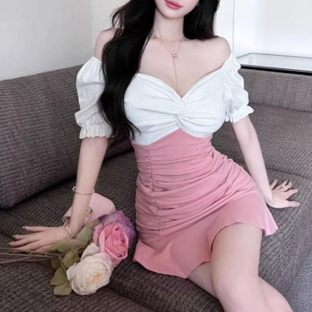  오프숄더 랩 셔링 주름 새틴 원피스(블랙, 핑크, 블루)