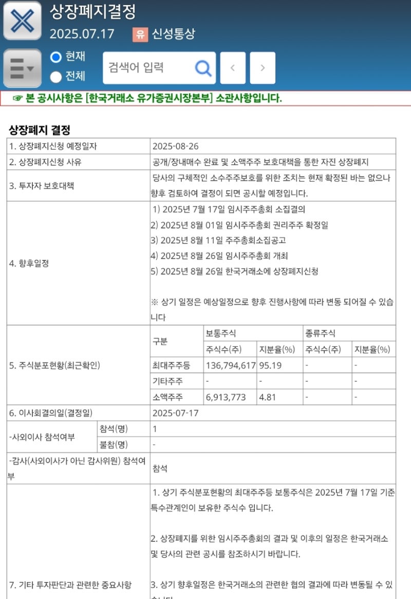 신성통상 자진상장폐지 신청 : 네이버 블로그
