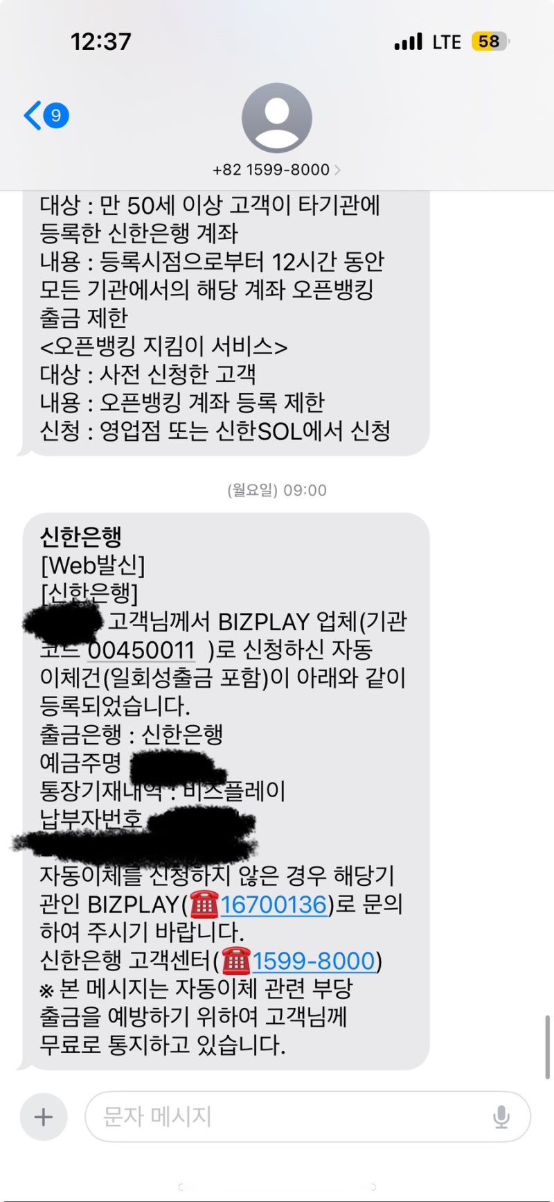 Bizplay 비즈플레이 자동이체 문자 정체