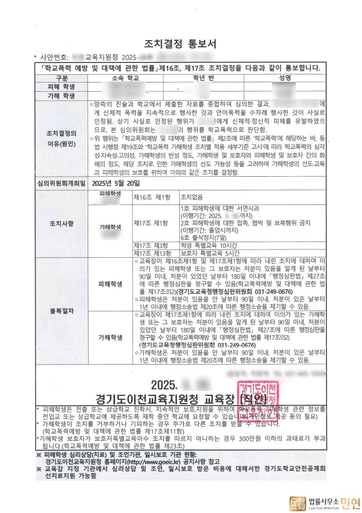  수원학교폭력변호사 피해학생 대리하여 학폭 6호처분 이끈 사례