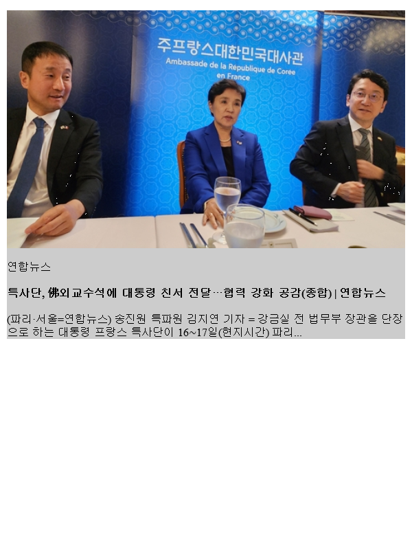 특사단, 佛외교수석에 <b>대통령 친서 전달</b>…협력 강화 공감(종합)
