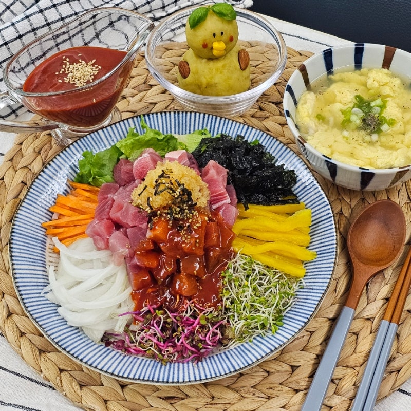 참치회덮밥 만들기 냉동참치큐브 활용 참치회요리 간단 계란국 레시피 고구마샐러드 만드는....