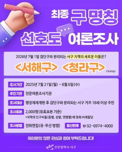 인천 서구, 서해구·청라구 최종 명칭 선호도 여론조사 실시