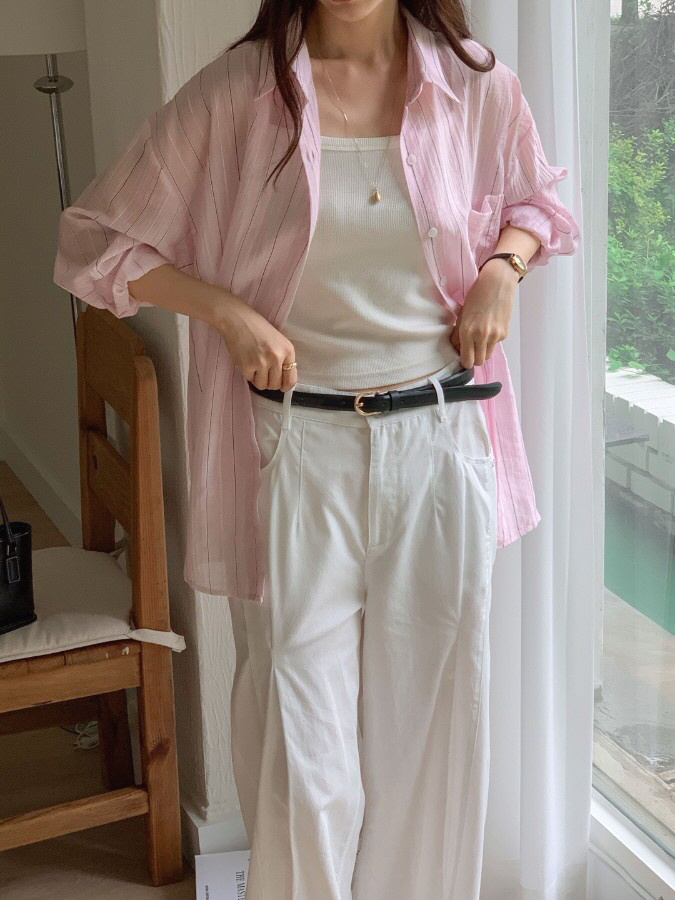  여름간절기루즈핏스트라이프셔츠 텐셀오버핏남방 꾸안꾸긴팔셔츠 데일리룩 코디