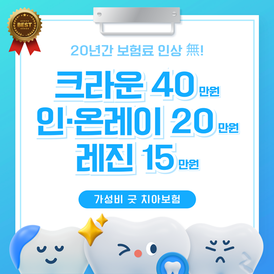  월 2만원대 가성비 치아보험! 크라운 40만원, 인레이 온레이 20만원, 레진 15만원