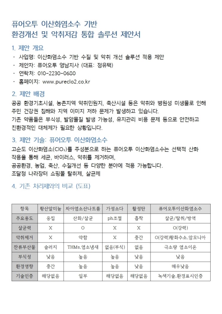   퓨어오투 이산화염소수 기반 환경개선 및 악취저감 통합 솔루션 제안서