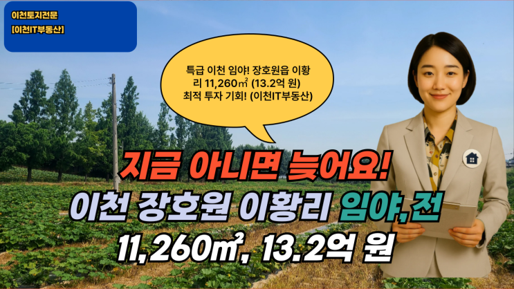   지금 아니면 늦어요! 이천 장호원 이황리 임야 11,260, 13.2억 원 긴급 급매 (이천IT부동산)