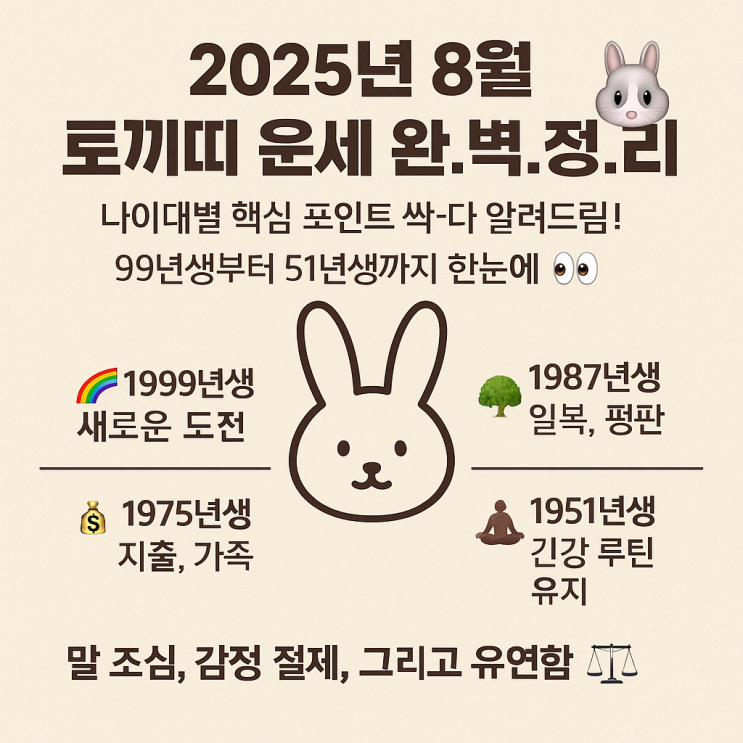  2025년 8월 토끼띠 운세 99년생 87년생 75년생 63년생 51년생