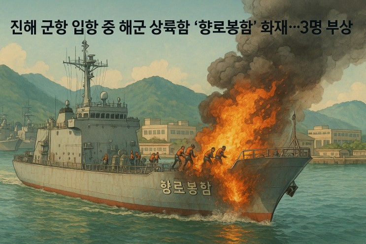 입항 중 <b>해군 상륙함</b> ‘향로봉함’ 발전기실서  <b>화재</b> 3명 부상