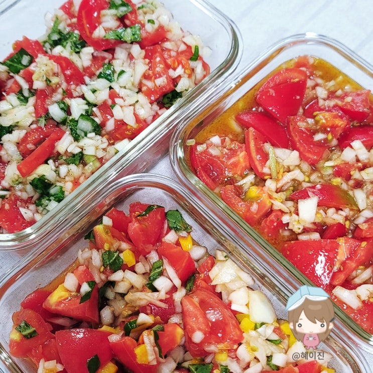  완숙 토마토 껍질 안 까고 마리네이트 만들어 비교해 보기.   3가지 레시피 동시 진행