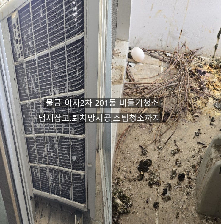  양산물금 이지2차 실외기실 오염시킨  비둘기똥청소,퇴치망시공 냄새없애는건 기본