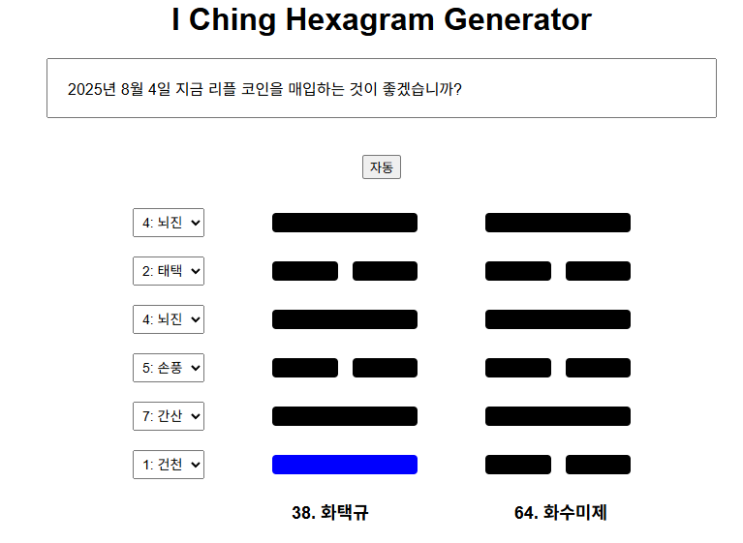 25년 8월 4일 지금 리플코인을 매입하는 것이 좋겠습니까?  화택규(火澤睽)초구(初九)