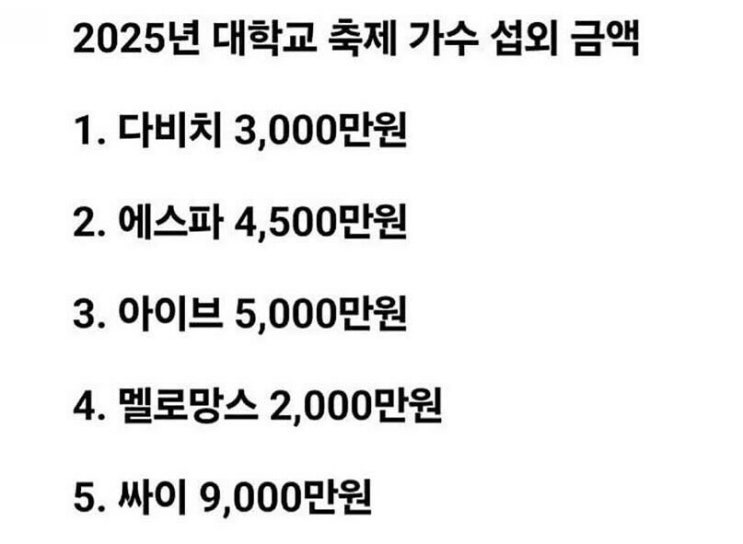  2025년 대학축제 가수 섭외금액 이라는데...