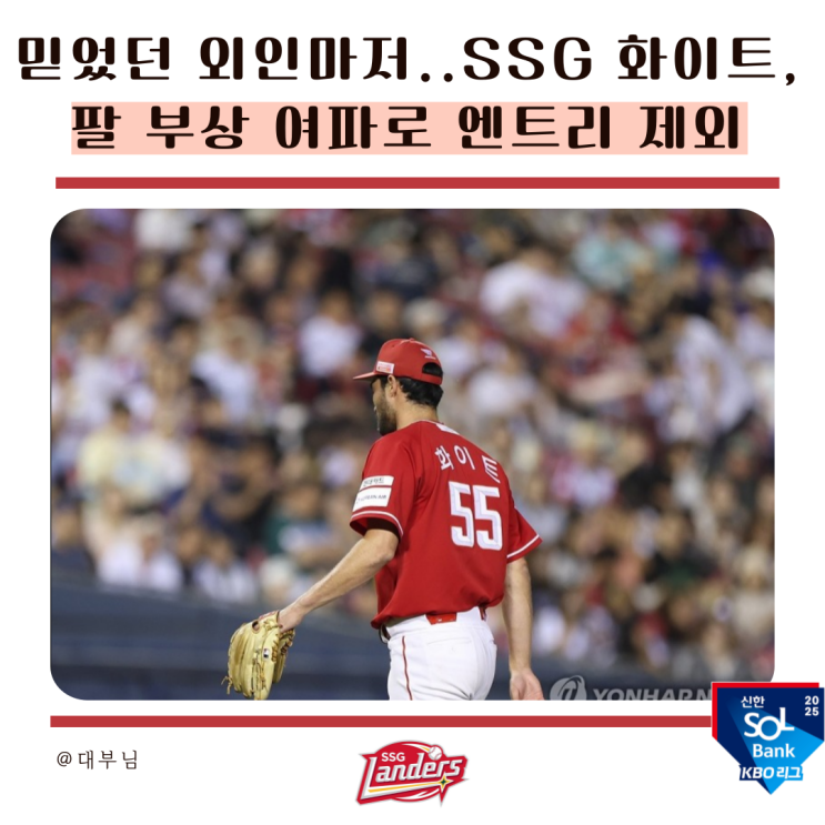믿었던 외인마저.. SSG <b>화이트</b>, 팔 부상 여파로 <b>엔트리 제외</b>