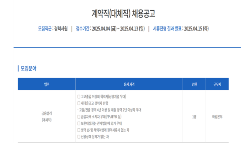 삼성전자새마을금고 계약직(대체직) 서류 합격 후기