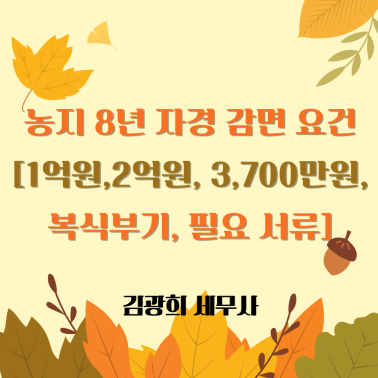  농지 양도세 8년 자경 감면 요건[1년 1억원, 5년 2억원, 3,700만원, 복식부기 수입금액, 필요 서류]